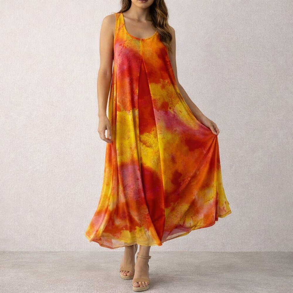 NEW Attitudes by Renee Abstract Watercolor Swing Dress Sleeveless Orange